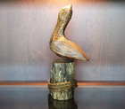 11 5    Pelican On Piling Hand Carved -- Bird Decor Sculpture Wood Log Dock Post