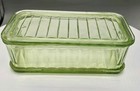 1930s Green Uranium Depression Glass Ribbed Refrigerator Loaf Dish   Lid 8 25 