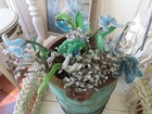 Bunches Gorgeous Old Vintage French White   Blue Glass Beaded Flowers On Stems