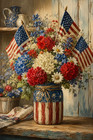 Patriotic Mason Jar Floral Canvas Wall Art  American Flag Flower Picture Print