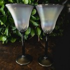 2 Rick Strini Hand Blown Studio Art Wine Glass Iridescent 11 25  Black Clear