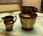 Pair Antique 1840 Victorian Staffordshire Pottery Copper Luster Ware Pitchers