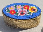 Vintage Flower Micro Mosaic Trinket Pill Box  Blue Floral Glass Mosaic Tchotchke