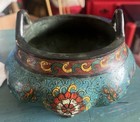 Vintage Chinese Cloisonne Censer Tripod Incense Burner Turquoise Floral Heavy