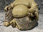Vintage Laughing Buddha White Resin 5 75  Tall W  Faux Jewels Statue Figurine