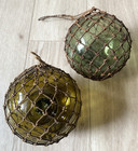 Vintage Japanese Glass Fishing Floats Amber   Forest Green Net Set Rare 2pc