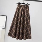 Women Long Brown Aline Skirt Elastic Waist Casual Plaid Swing Skirt For Fall