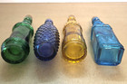 Set Of 4 Miniature 5  Glass Bottles W  Corks Yellow Blue Cobalt Green
