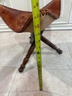  Vintage Handmade Asian Folding Tripod Stool - Embossed  Leather   Mahogany