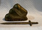 Vintage Excalibur Desktop Brass Sword In Stone Paperweight And Letter Opener