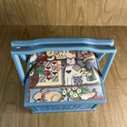 Vintage Wooden Sewing Basket Box Fabric Top Storage Handles Blue Country Cat