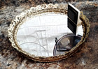 Vintage Hollywood Recency Gold Tone Filigree Round Vanity Mirror Tray 10 3 4 