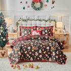 Christmas Quilt Set 3pc Queen Bedspread Coverlet  Black Red Sleigh Gingerbread 
