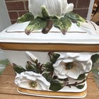 White Ceramic Floral Cookie Jar W  Lid  Raised Flower Leaf  Rectangular  Trad