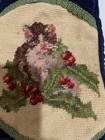 Unbranded Blue Velvet Lined Christmas Stocking W  Kitten   Holly Needle Point