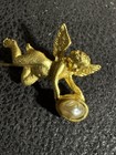 Victorian Hat Stick Pin Cherub Angel Holding Fresh Water Pearl Gold Tone Vintage