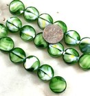 Round Coin Beads  14x7 Mm  Green   White W faceted Gloss Finish  6 Beads