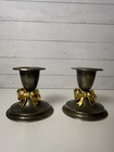Vintage Pair Of 3  Silver Plated Candle Stick Holders  With Gild Bow Accent