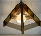 Vintage Mcm Geometric Pendant Light Fixture Hanging Wood Smoked Beveled Glass