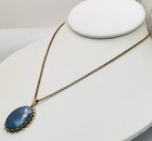 Vtg Blue Opal Necklace Oval Pendant Feminine 21  925 Silver Gold-tone Chain 70s