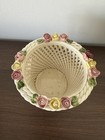 Vintage Italy Ceramic Lattice Basket Applied Roses Floral Planter 5 5    Mcm