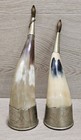 Pair Of Vintage Drinking Horn Bovine Silver Brass Chain Stamped Ornate
