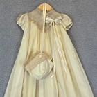Vintage Baby Tea Stained Pale Yellow Christening Gown Cap Bows Lace Embroidery