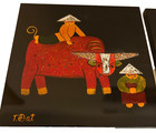 Two Vietnamese Hand Painted Black Lacquerware Art Tiles Of Water Buffalo And Boy