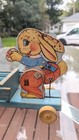 Vintage 1940 s Fisher Price Wooden Easter Bunny Rabbit Cart Pull Toy    466 Rare