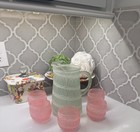 Vintage Spaghetti String Glass Pitcher 5 Pink Tumblers Seafoam Green Mcm Set