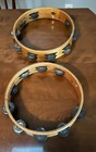 2 Vintage Wooden 10 Inch Double Row Tambourines With Metal Jingles