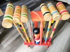 Vintage Wood Croquet Set With A Red Storage Stand 