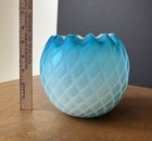 Antique  Satin Frosted Art Glass Vase Round Quilted Ruffled Vintage Cased Old