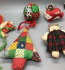 Vintage Fabric Quilted Macrame Plush Christmas Tree Ornaments Lot Of 7 Retro