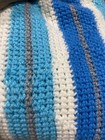 Hand Crocheted Knit Afghan Throw Fringed Blue Aqua Striped Handmade Blanket