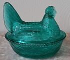 Chicken Hen On Nest Covered Dish - Teal Glass - Westmoreland Mould