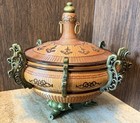 Very Rare   Antique Chinese Bamboo rattan bronze Incense Burner   12 5   h 15   dia 