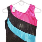 Girls Shiny Gymnastics Tank Leotard With Pink Black   Blue Panels Size 14-15