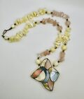Vintage Lee Sands Rose Quartz Necklace Shell Inlay Mother Of Pearl Gorgeous