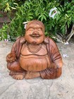 Joyful Lucky Buddha Statue Mahogany Wood Hand Carved 13 x 12 x 6 