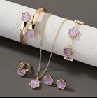 Gold Plated Clover Flower Jewelry Set - Earrings  Necklace  Bracelet  Ring