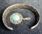 Zuni Sterling Silver Cuff Bracelet J Pukestine And Cabochon Turquoise Pendant