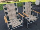 Vtg Webbed Folding Lawn Chairs Wooden Armrest Retro Set 1970s Lot Of 2 