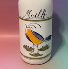Egizia Bird Milk Glass Bottle 1 Liter W lid White Hand Painted 10    vintage Italy