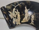 Vintage Asian Mother Of Pearl Black Lacquer Wood 30  Scroll Fan Geisha Wall Art