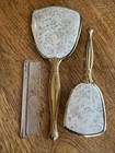 Vintage 3 Pc Mirror Brush Comb Set Vanity Set Gold Tone Floral Design 1950 s