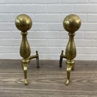 Large Vintage Pair Polished Brass Cannonball Fireplace Andirons 16  Tall