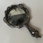 Antique Ornate Cherub Hand Mirror   Vanity Mirror Silver   plate Floral Repouss  