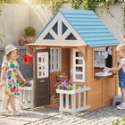 Qaba Outdoor Wooden Kids Playhouse Play Kitchen Doorbell Garden Toys  Brown