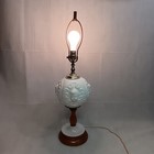 White Cherub Face Globe Hobnail Table Lamp 31  Wooden Vintage 3 Way